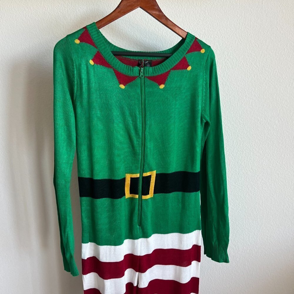 Red & Green Ugly Christmas Holiday Elf Knit Sweater Onesie Jumpsuit - Picture 3 of 6